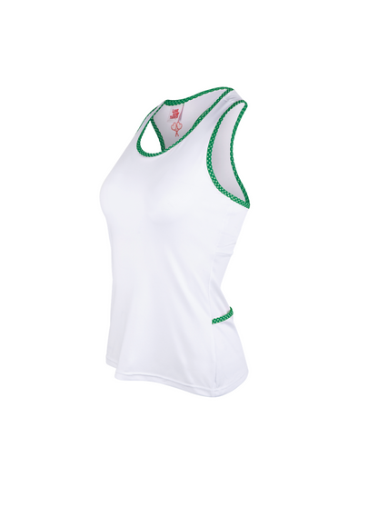 White tank top with green trim on a white background