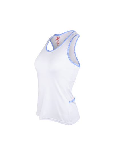 White tank top with blue trim on a white background