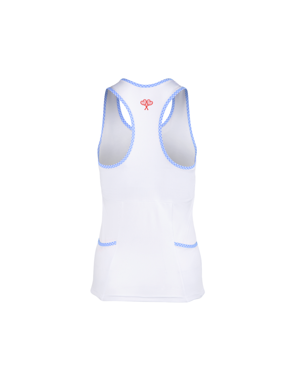White tank top with blue trim on a white background