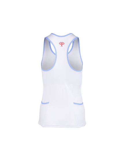White tank top with blue trim on a white background