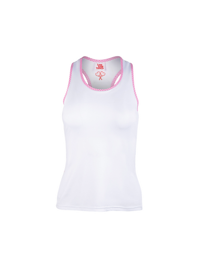 White tank top with pink trim on a white background