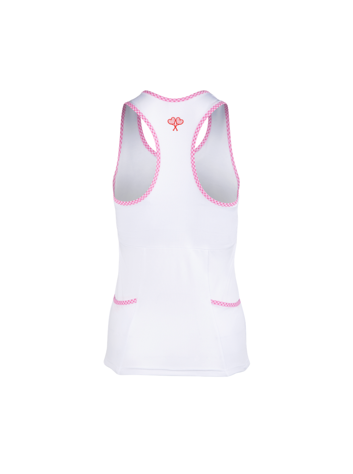 White tank top with pink accents on a white background