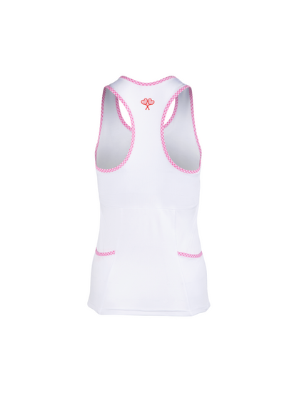 White tank top with pink accents on a white background