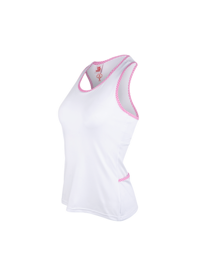White tank top with pink trim on a white background