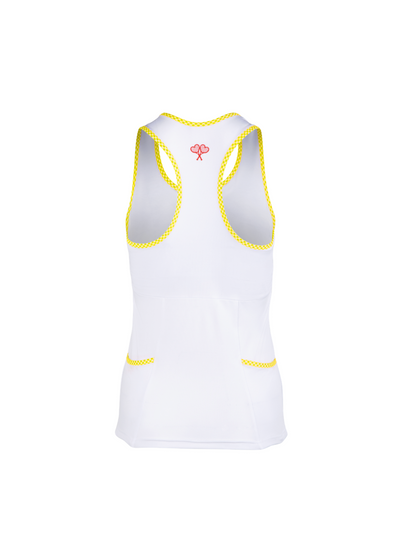 White tank top with yellow accents on a white background