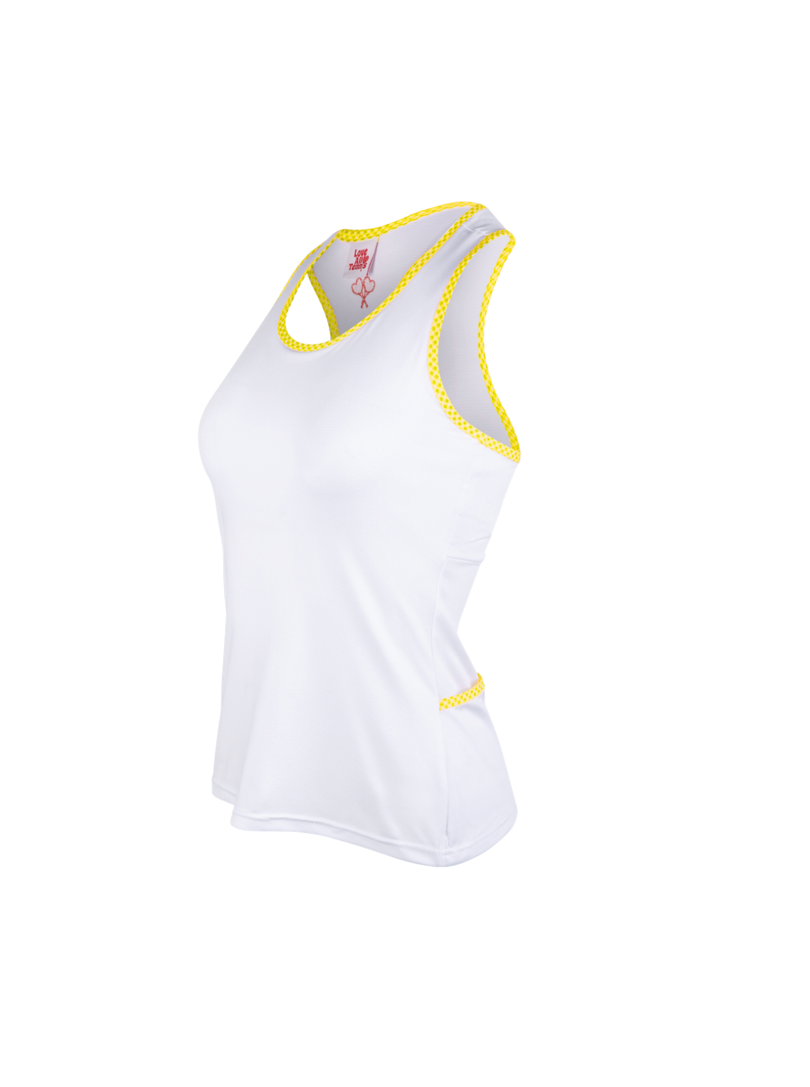 White tank top with yellow trim on a white background