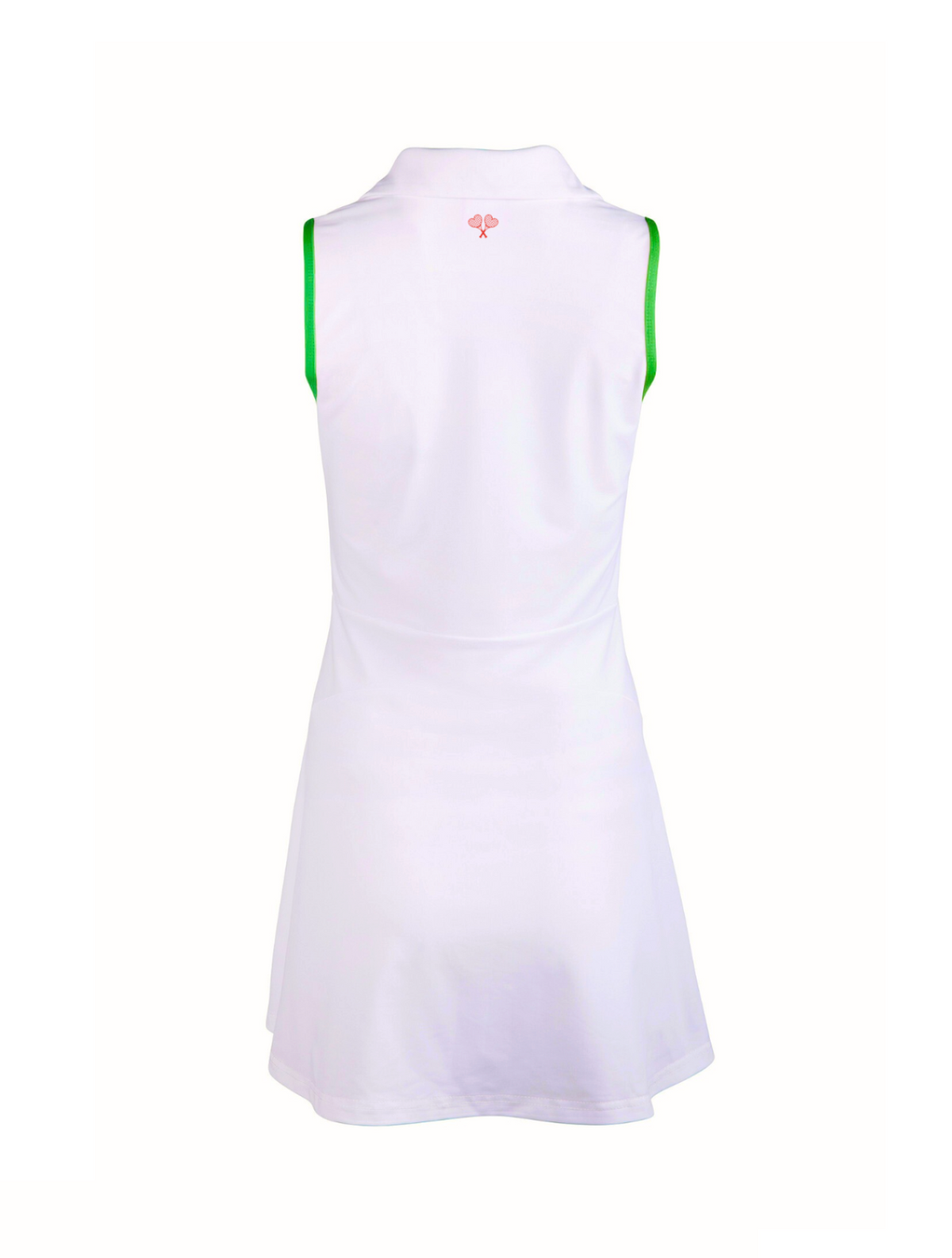 White sleeveless dress with green accents on a white background