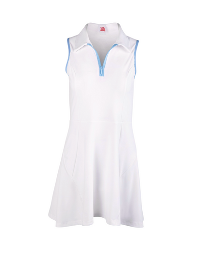 White sleeveless dress with blue trim on a white background
