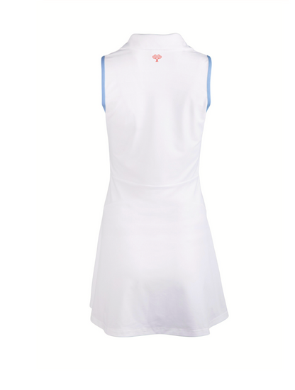 White sleeveless dress with blue accents on a white background