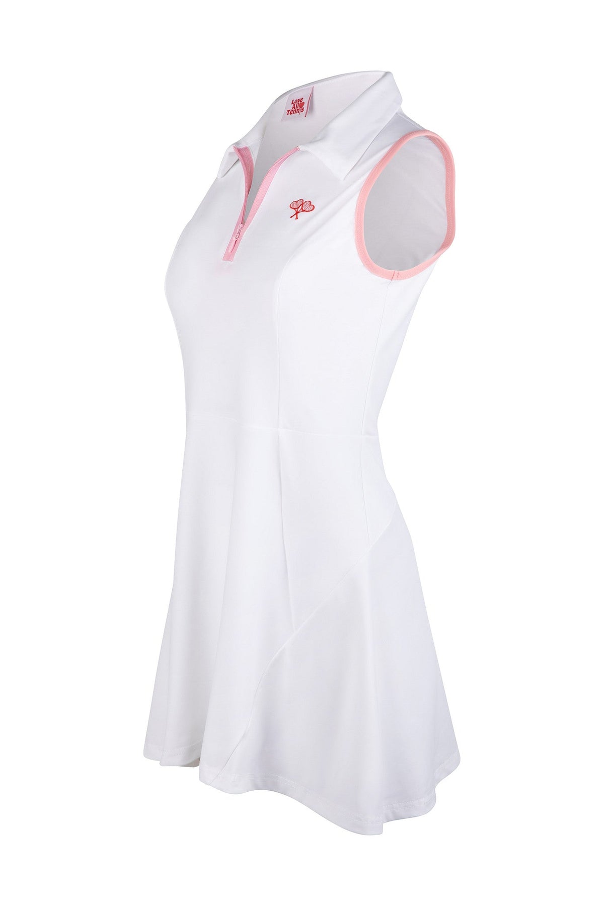 White sleeveless dress with pink accents on a white background