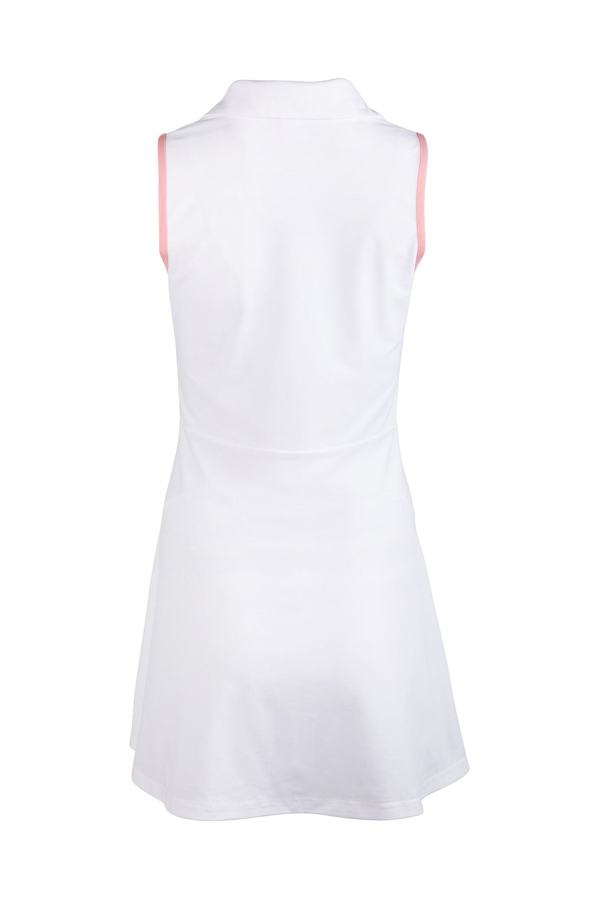 White sleeveless dress with pink trim on a white background