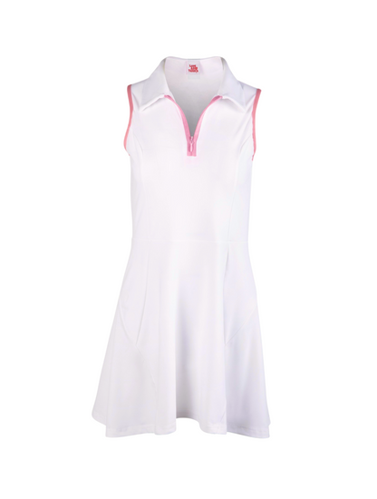 White sleeveless dress with pink zipper on a white background