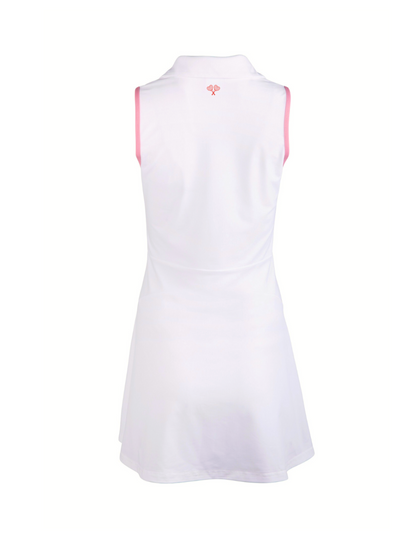 White sleeveless dress with pink accents on a white background