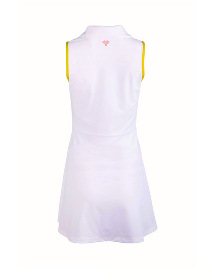 White sleeveless dress with yellow accents on a white background