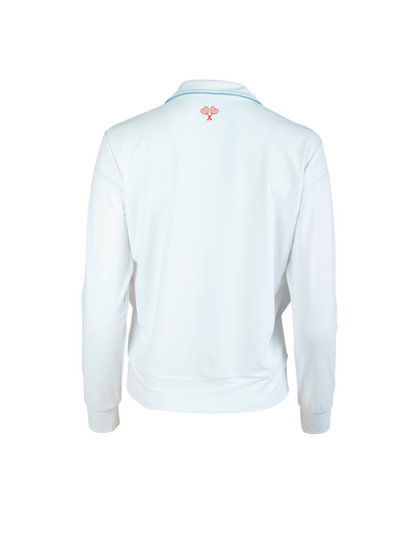 White jacket with a logo on the back against a white background