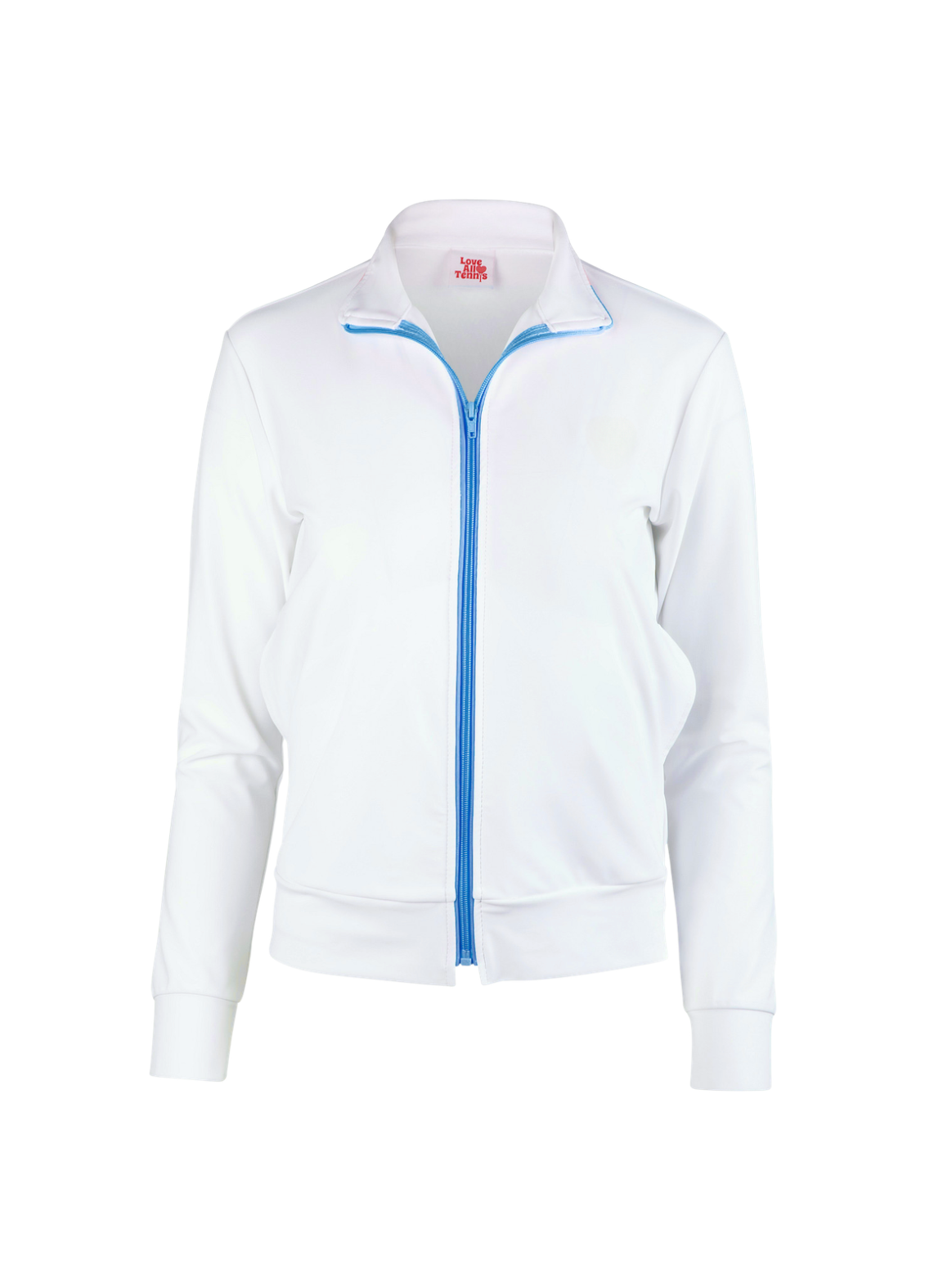White jacket with a blue zipper on a white background
