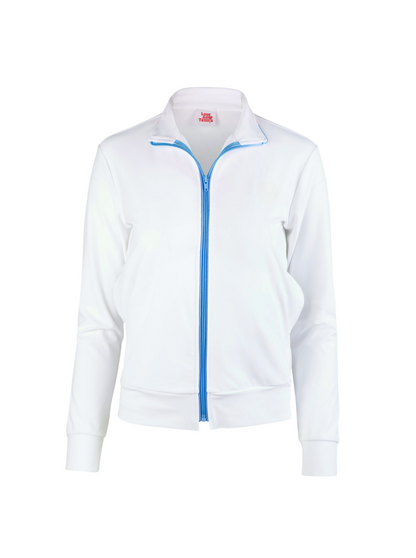 White jacket with a blue zipper on a white background