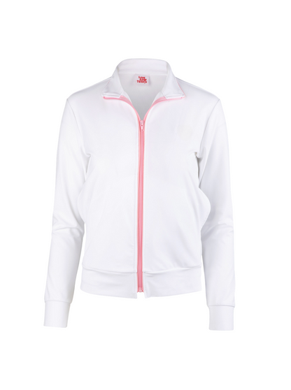 White jacket with pink zipper on a white background