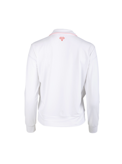 White jacket with a logo on the back against a white background
