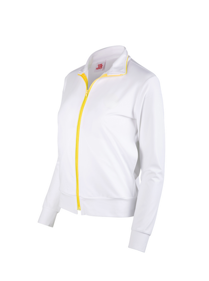 White jacket with yellow zipper on a white background