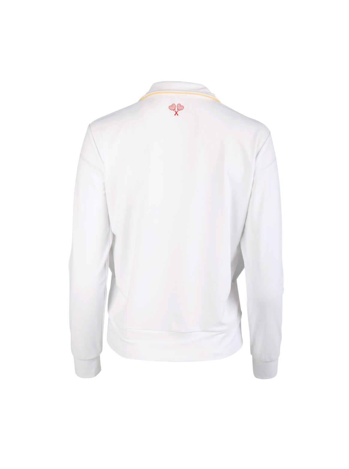 White jacket with a brand logo on the back against a white background