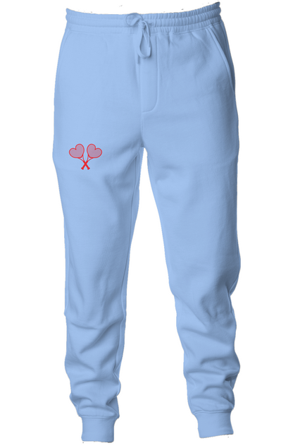 Light blue sweatpants with a red and pink design on a white background