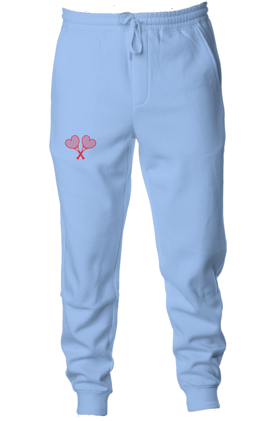 Light blue sweatpants with a red and pink design on a white background