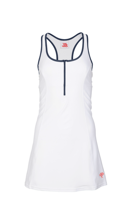 White dress with navy accents on a white background