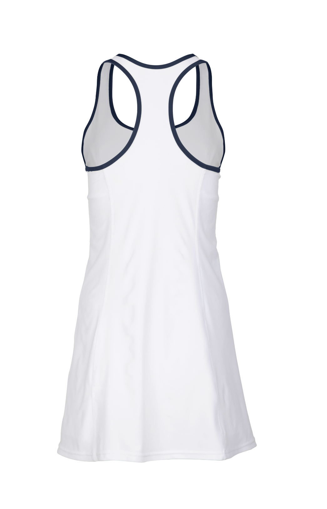 White dress with navy accents on a white background
