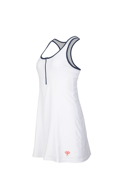White tennis dress with navy accents on a white background