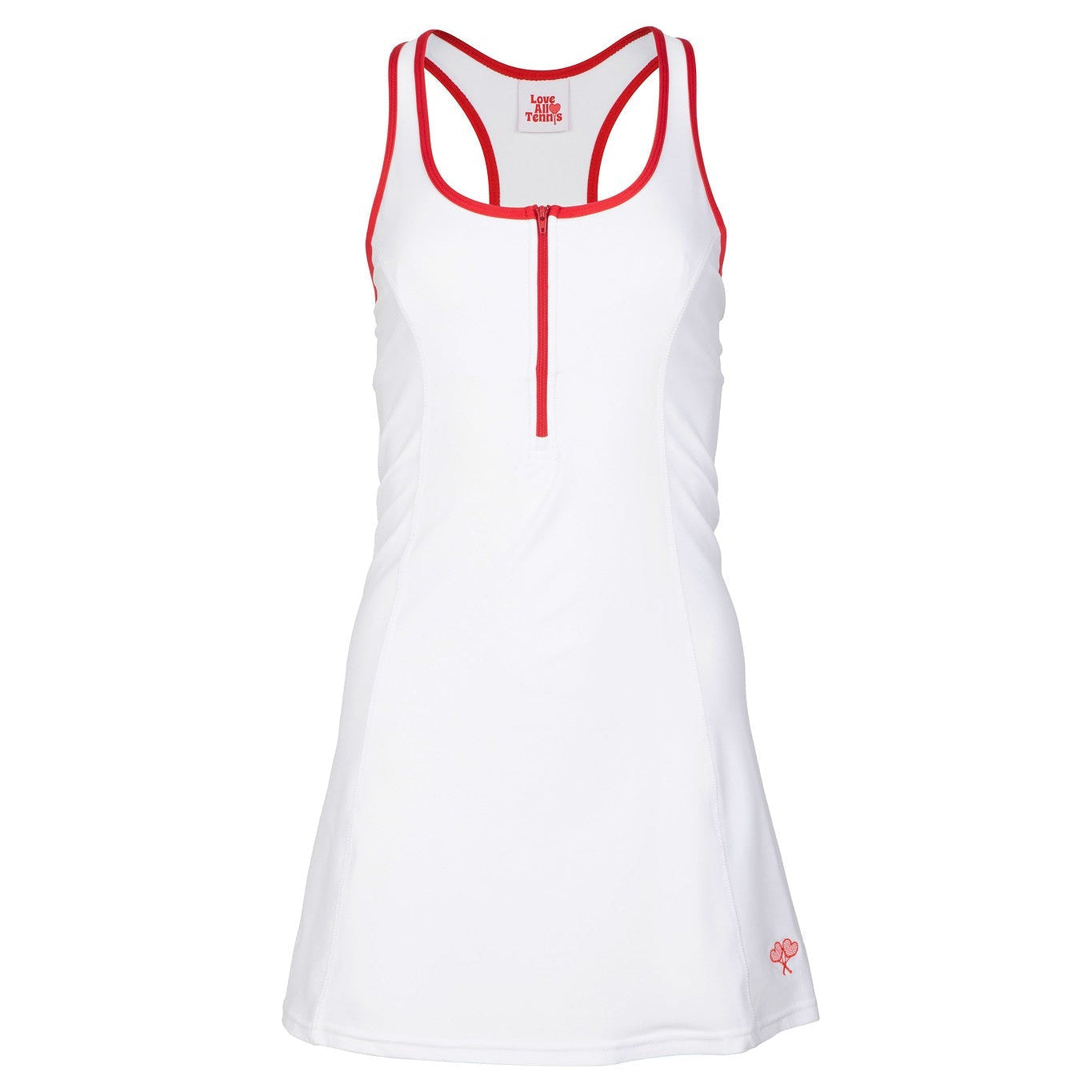White tank dress with red accents on a white background