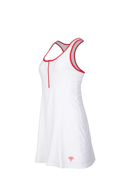 White tank dress with red accents on a white background