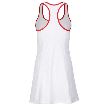 White dress with red accents on a white background