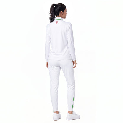 A woman shown from the back wearing a white athletic tracksuit with a green and pink logo on the collar, white pants with a green stripe, and white sneakers, set against a plain white background.