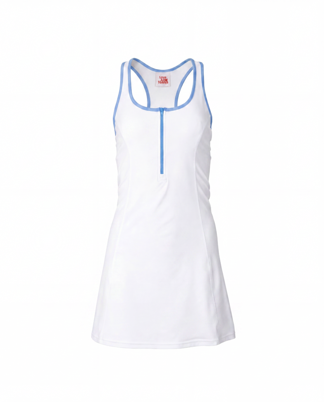 A white sleeveless tank dress with light blue trim along the scoop neckline, armholes, and center front placket, shown against a plain white background.