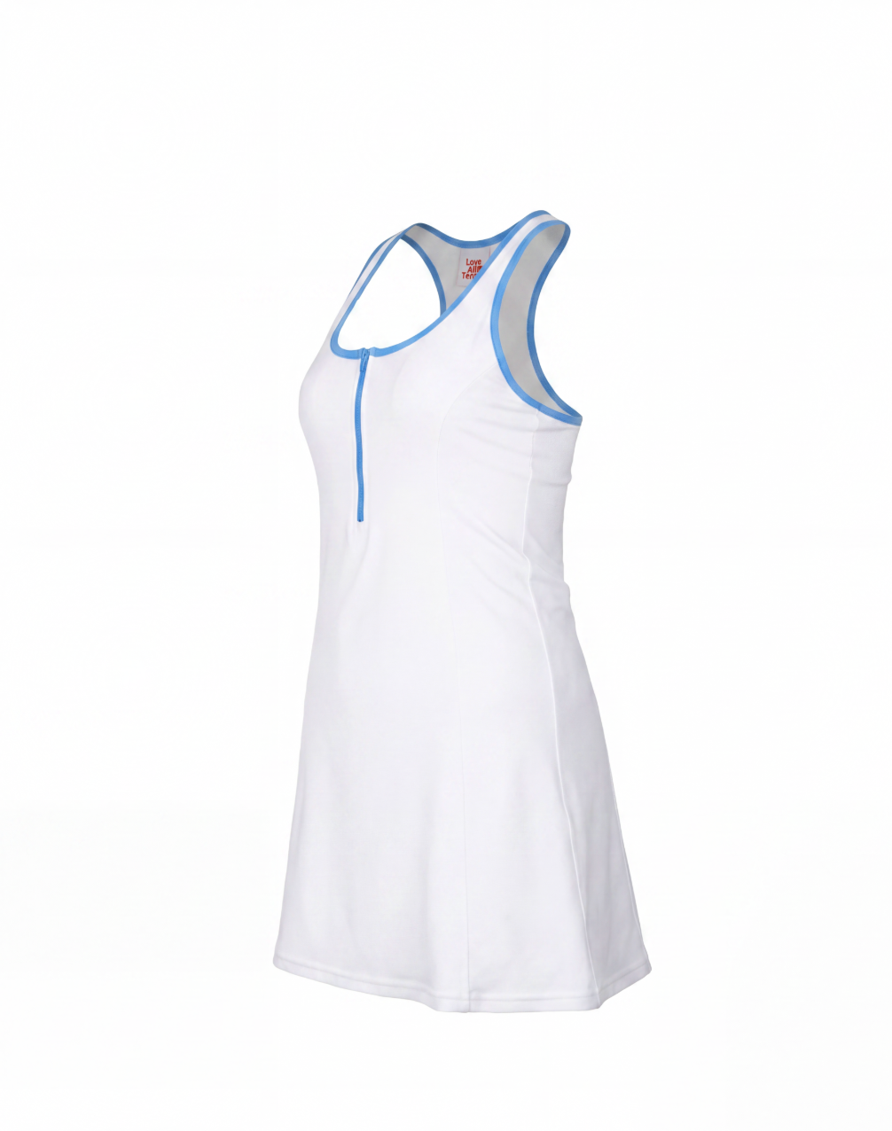 A white sleeveless athletic tank dress with light blue trim along the scoop neckline and front zipper, shown on a plain white background.
