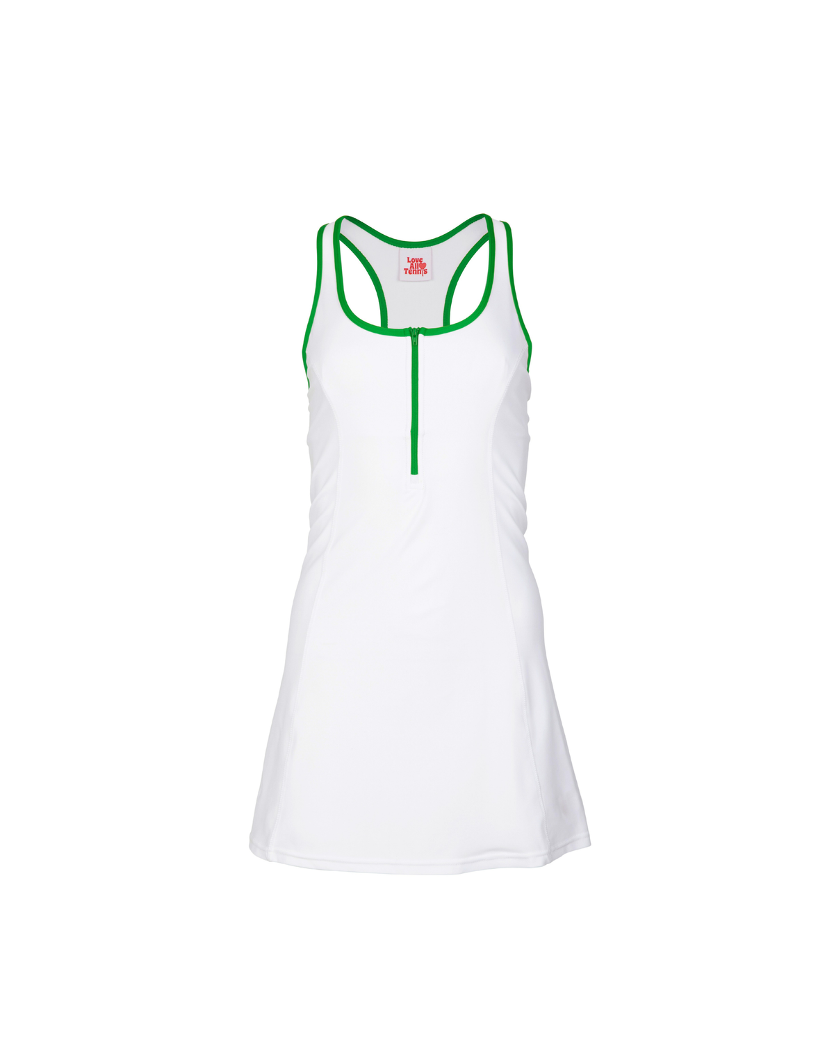 White tank top with green accents on a white background