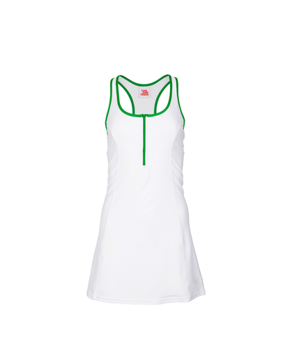 White tank top with green accents on a white background