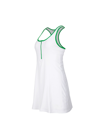 White sleeveless dress with green trim on a white background