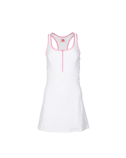 White tank dress with pink accents on a white background