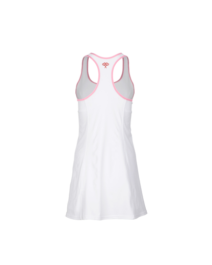 White dress with pink trim on a white background