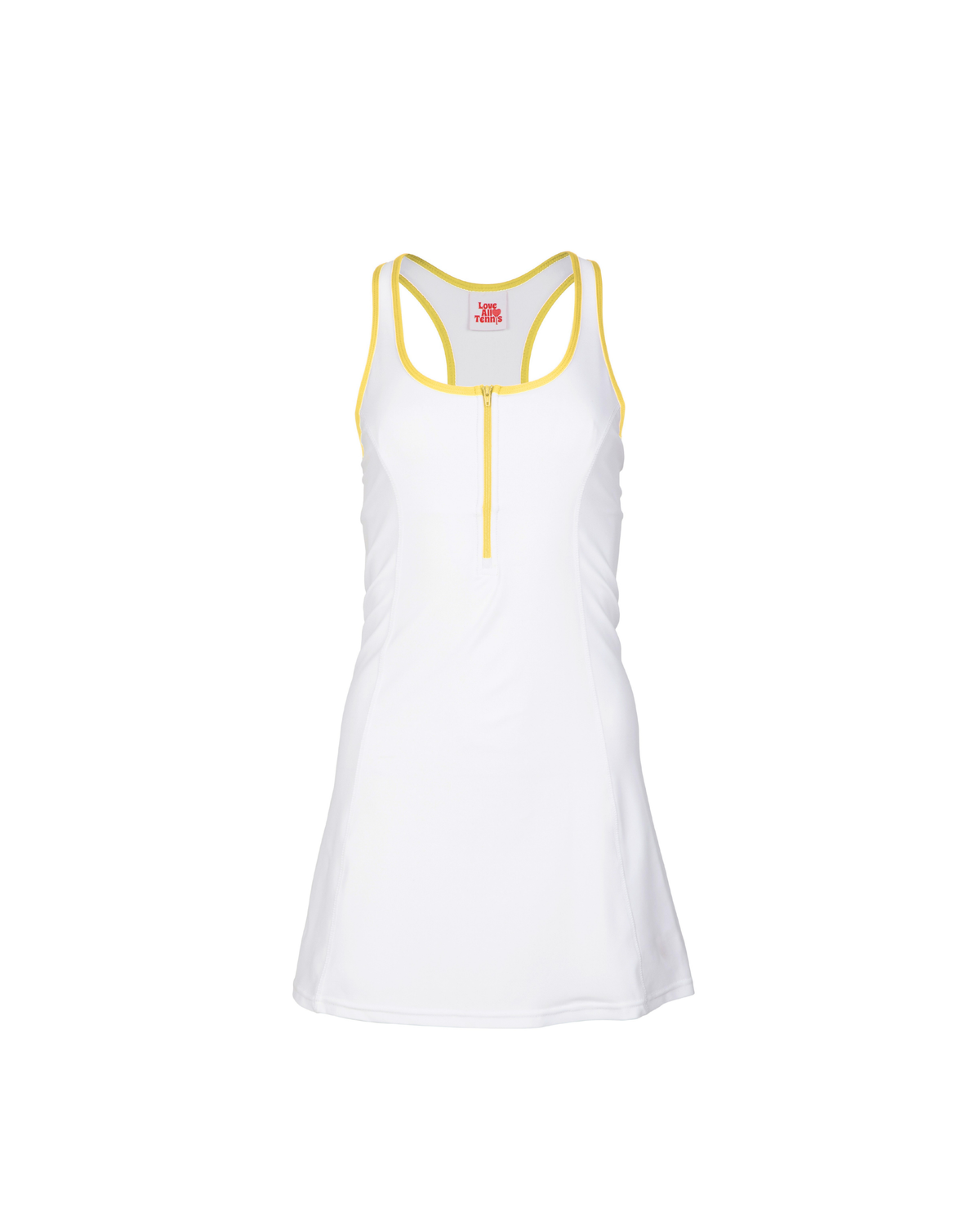 White tank dress with yellow trim on a white background