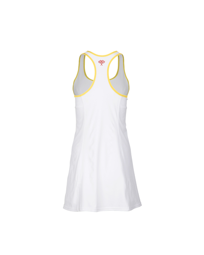 White dress with yellow trim on a white background