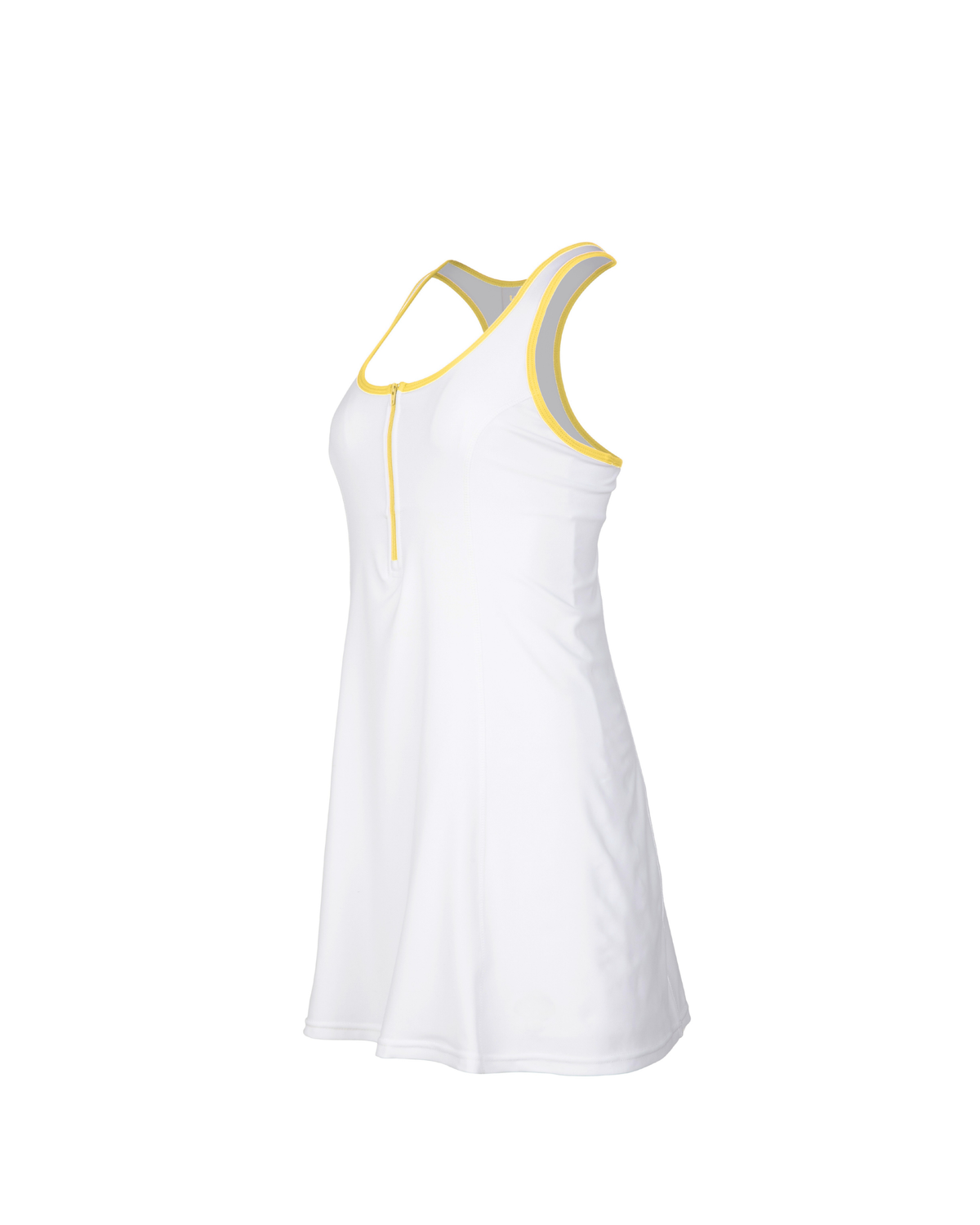 White dress with yellow trim on a white background