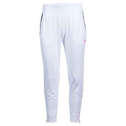 White pants with navy accents on a white background