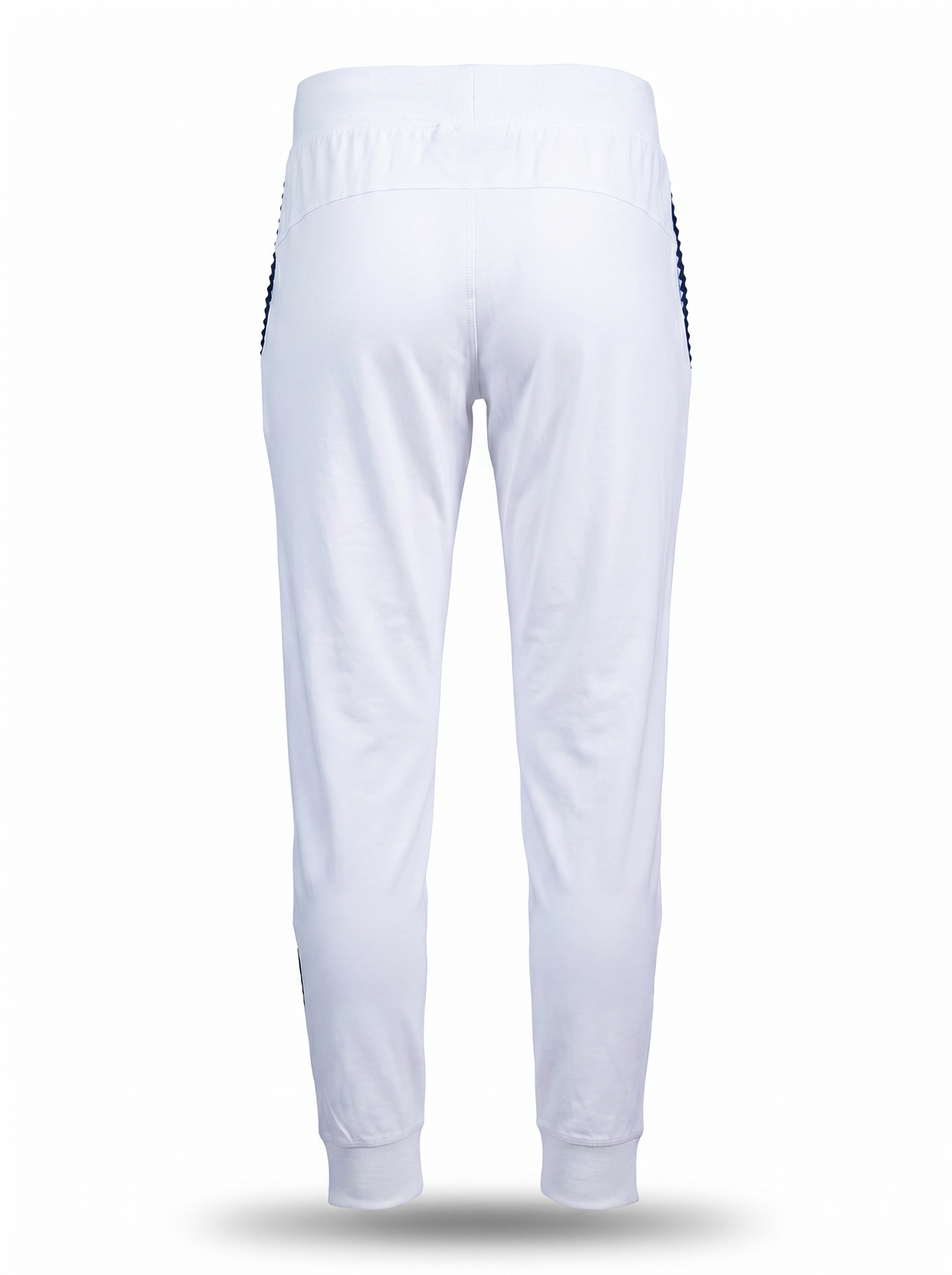 White athletic jogger pants shown from the back, featuring a wide elastic waistband and side stripes with a black-and-white checkered pattern, set against a plain white background.