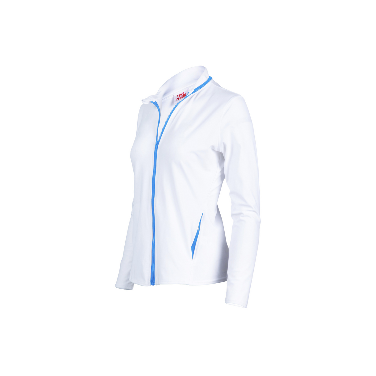 White jacket with blue accents on a white background