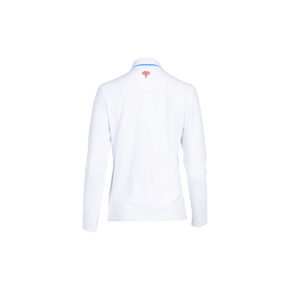 White long-sleeve shirt with a small logo on a white background