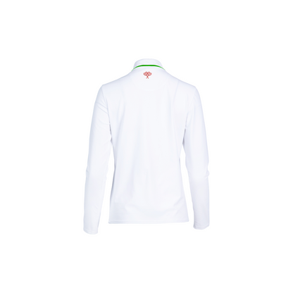 White long-sleeve shirt with a brand logo on a white background