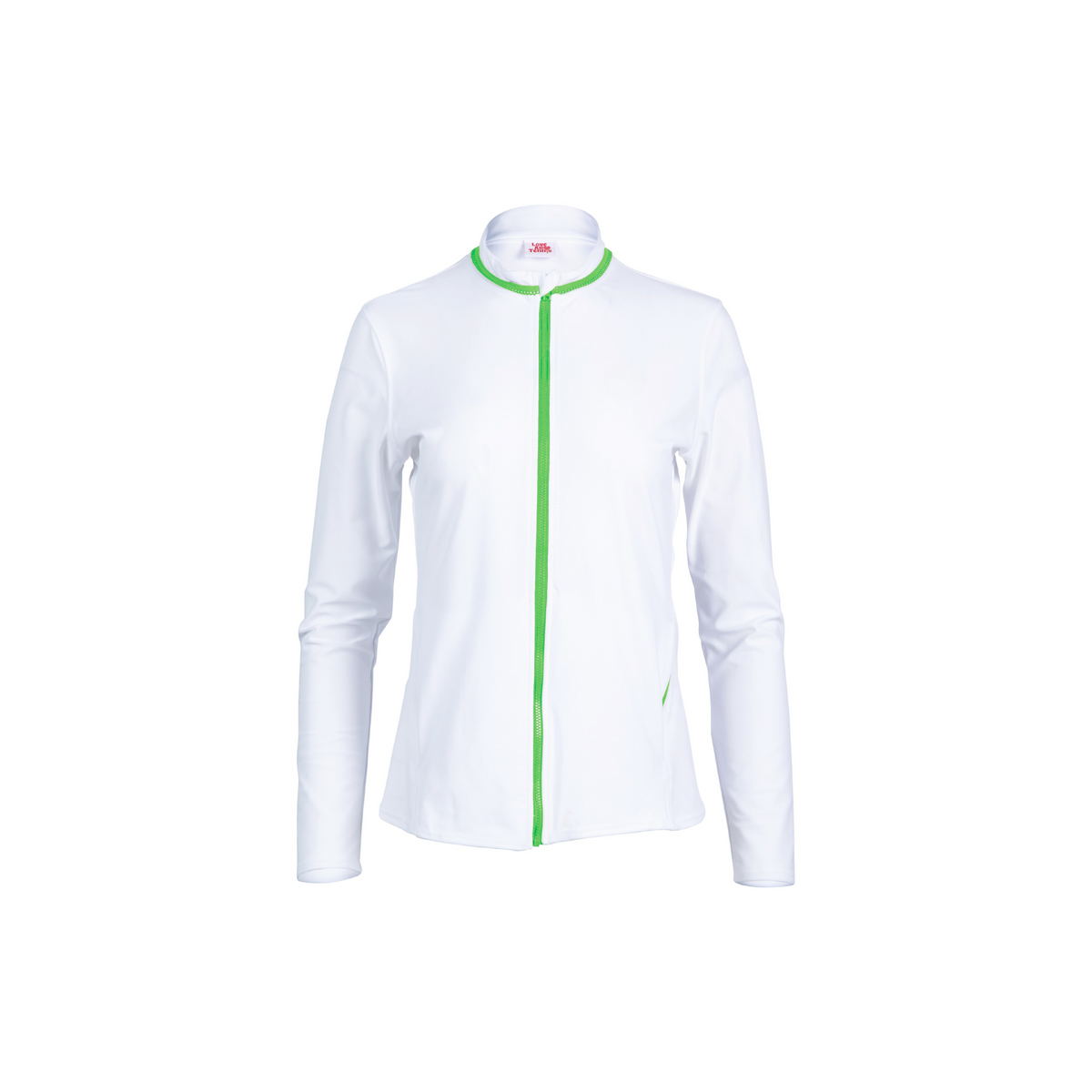 White jacket with a green zipper on a white background